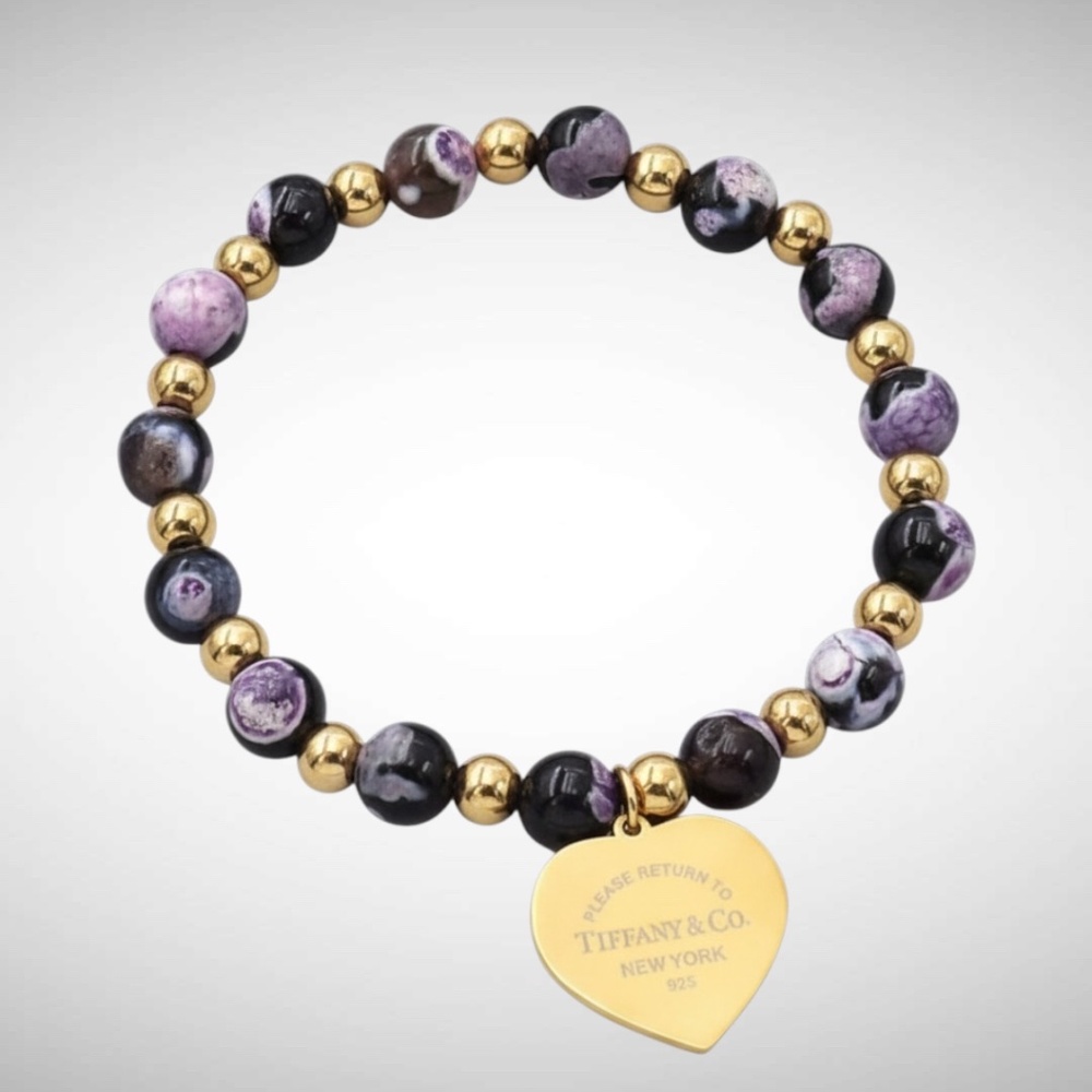💜 Purple Beaded Bracelet w/ Gold Heart Charm Brand New!